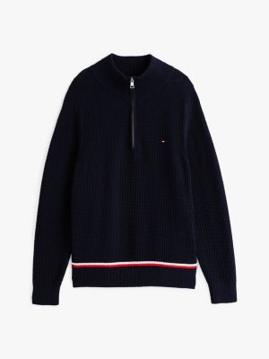 pullover in maglia a nido d'ape blu da uomini tommy hilfiger