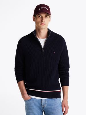 pullover in maglia a nido d'ape blu da uomini tommy hilfiger