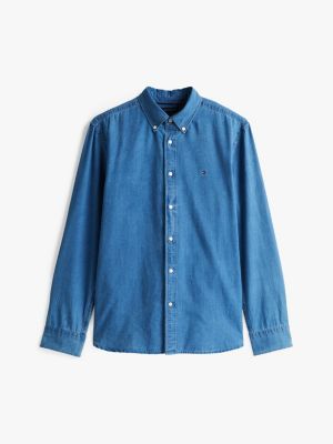 blauw regular fit chambray overhemd voor heren - tommy hilfiger