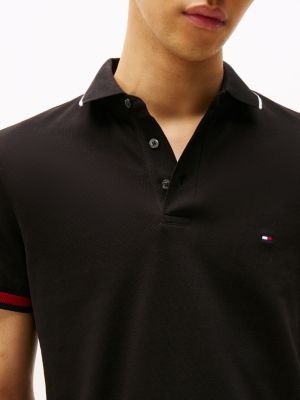 black slim fit signature cuff polo shirt for men tommy hilfiger