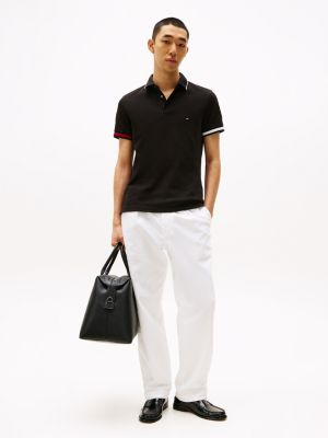 black slim fit signature cuff polo shirt for men tommy hilfiger