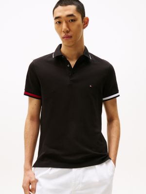 black slim fit poloshirt met signature-boorden voor heren - tommy hilfiger