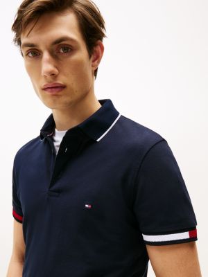 blue slim fit signature cuff polo shirt for men tommy hilfiger