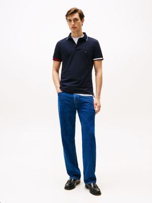 blue slim fit signature cuff polo shirt for men tommy hilfiger