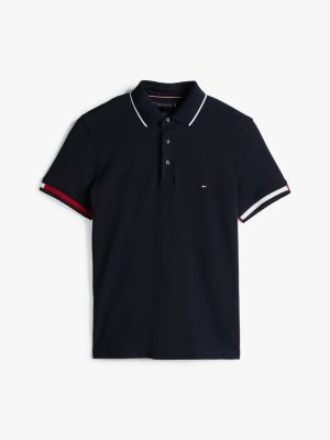 polo ajusté à liseré emblématique bleu pour hommes tommy hilfiger