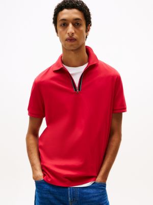 red regular fit zip placket polo shirt for men tommy hilfiger