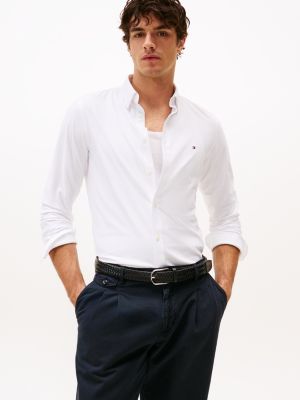 camicia slim fit con bandierina ricamata white da uomini tommy hilfiger