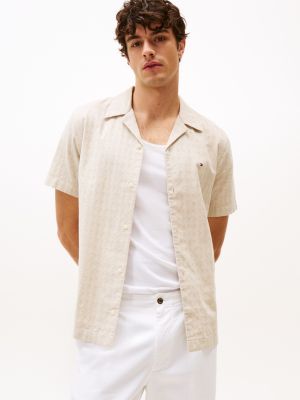 beige regular fit dobby-hemd mit kurzen ärmeln für herren - tommy hilfiger