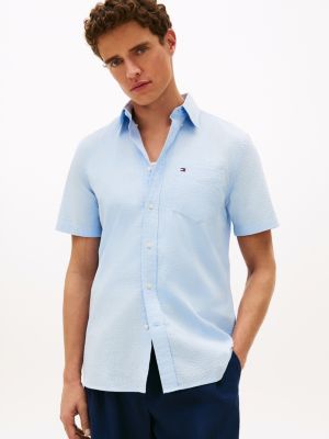 blue regular fit seersucker short sleeve shirt for men tommy hilfiger