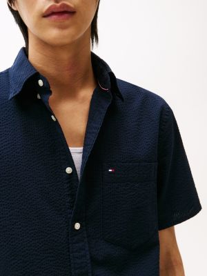 camicia regular fit a maniche corte in seersucker blu da uomini tommy hilfiger