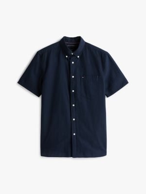 blue regular fit seersucker short sleeve shirt for men tommy hilfiger