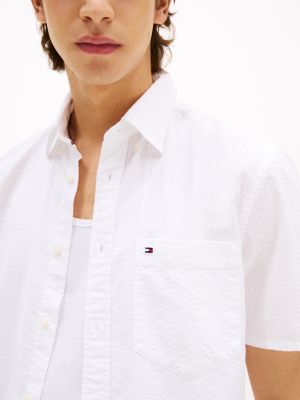 white regular fit seersucker short sleeve shirt for men tommy hilfiger