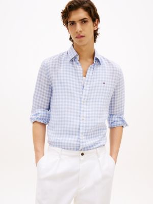 camicia regular fit in lino a quadretti vichy blue da uomini tommy hilfiger