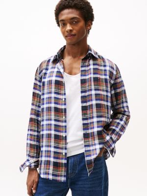 camicia regular fit in lino a quadri multi da uomini tommy hilfiger