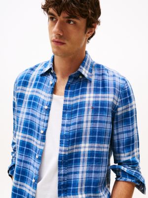 camicia regular fit in lino a quadri multicolore da uomini tommy hilfiger