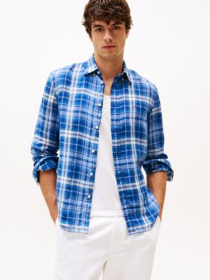 camicia regular fit in lino a quadri multi da uomini tommy hilfiger