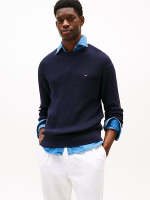 blue textured crew neck jumper for men tommy hilfiger