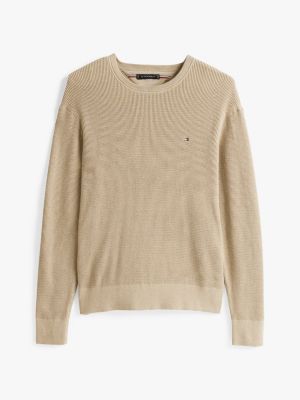 beige textured crew neck jumper for men tommy hilfiger