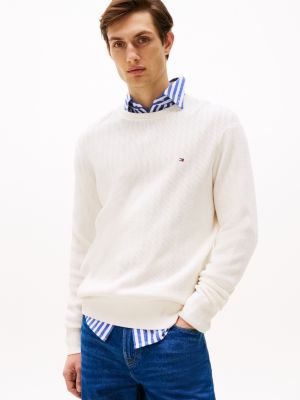 white textured crew neck jumper for men tommy hilfiger