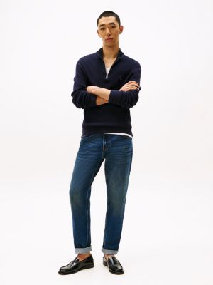 blauw getextureerde trui met ritshals voor heren - tommy hilfiger