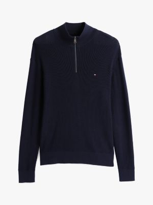 blauw getextureerde trui met ritshals voor heren - tommy hilfiger