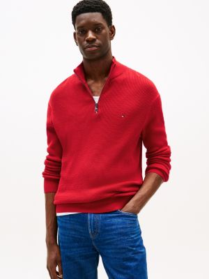 red strukturierter pullover mit viertel-reißverschluss für herren - tommy hilfiger