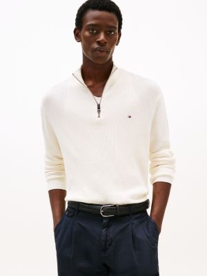 pullover con mezza zip e motivo a coste white da uomini tommy hilfiger