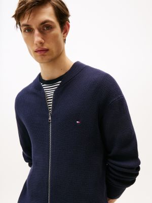 blau strukturierter cardigan mit baseball-kragen für herren - tommy hilfiger