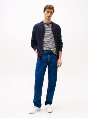 blau strukturierter cardigan mit baseball-kragen für herren - tommy hilfiger