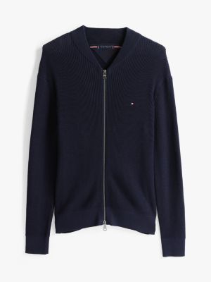 chaqueta de punto con cuello estilo béisbol azul de hombres tommy hilfiger