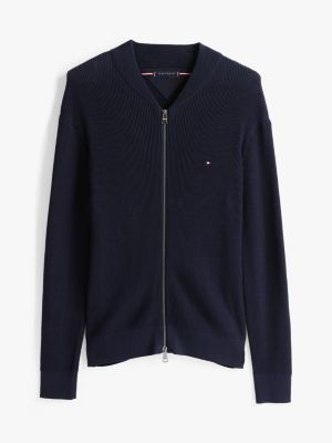 blau strukturierter cardigan mit baseball-kragen für herren - tommy hilfiger