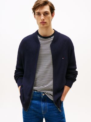 blau strukturierter cardigan mit baseball-kragen für herren - tommy hilfiger