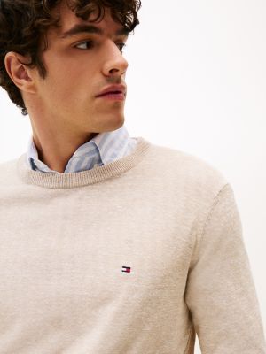 beige linen blend crew neck jumper for men tommy hilfiger