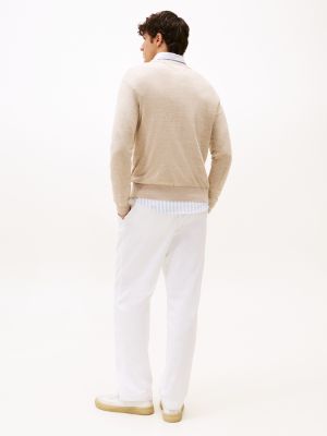 beige linen blend crew neck jumper for men tommy hilfiger