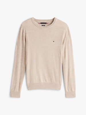 beige linnenmix trui met v-hals voor heren - tommy hilfiger