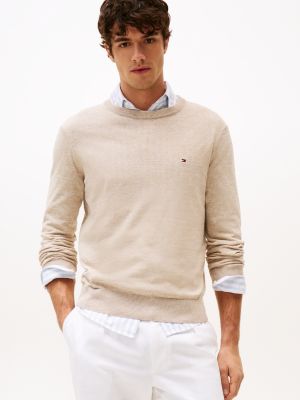 pull en mélange de coton et de lin à col en v beige pour hommes tommy hilfiger