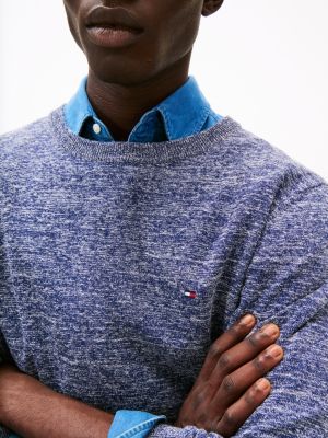 blue linen blend crew neck jumper for men tommy hilfiger