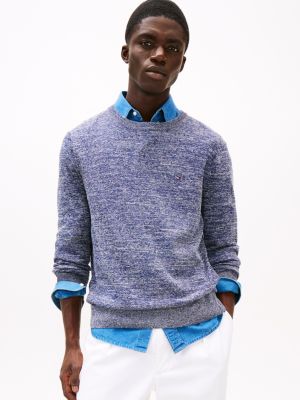 blue linen blend crew neck jumper for men tommy hilfiger