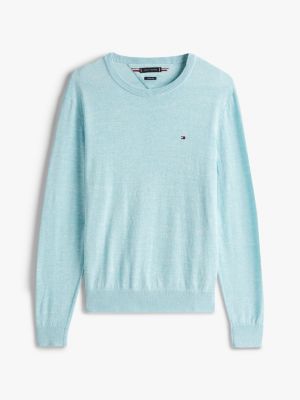 blue linen blend crew neck jumper for men tommy hilfiger