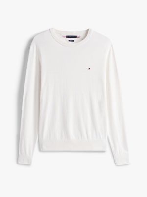 white linen blend crew neck jumper for men tommy hilfiger