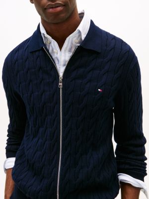 black cable knit zip-thru jumper for men tommy hilfiger