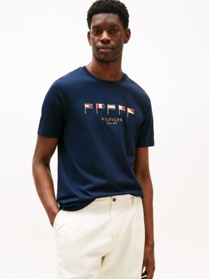 blue t-shirt mit mehreren flag-stickereien für herren - tommy hilfiger