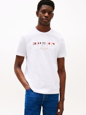 t-shirt con bandierine ricamate white da uomini tommy hilfiger