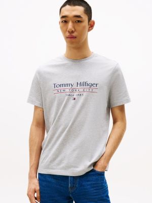 t-shirt à col ras-du-cou et logo gris pour hommes tommy hilfiger