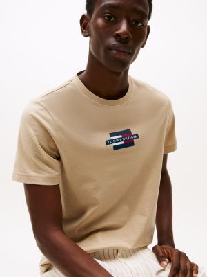 beige flag logo print t-shirt for men tommy hilfiger