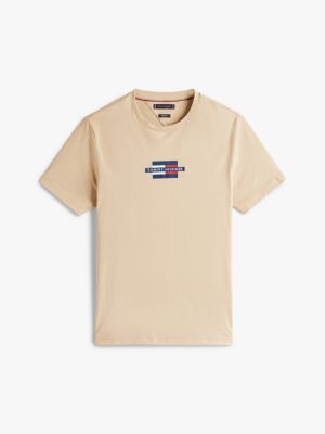 beige t-shirt met print en vlaglogo voor heren - tommy hilfiger