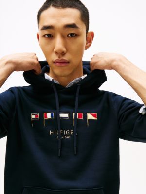 sweat à capuche et multi-drapeaux brodés bleu pour hommes tommy hilfiger