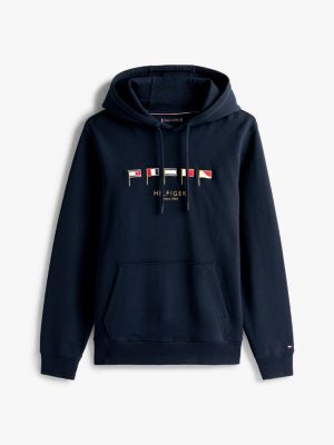 sweat à capuche et multi-drapeaux brodés bleu pour hommes tommy hilfiger