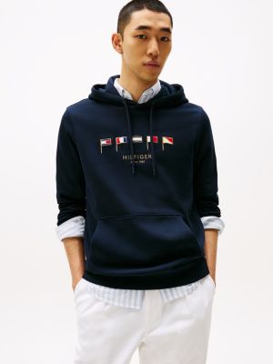 blue hoodie met geborduurde vlaggen voor heren - tommy hilfiger