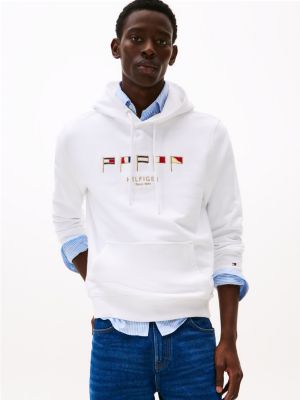 white hoodie mit flag-stickereien für herren - tommy hilfiger